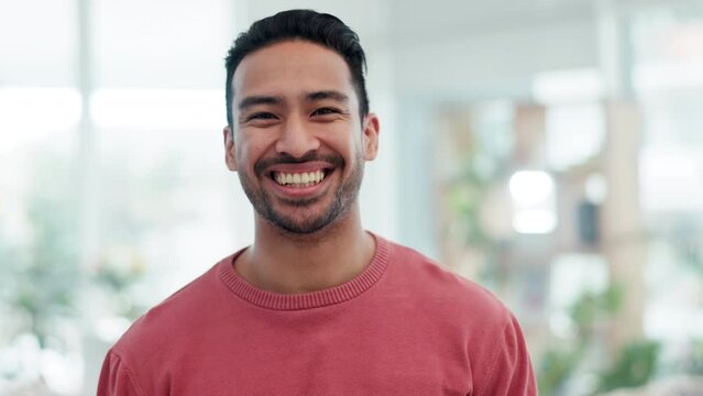 Happy, laughing and face of an Asian man in a living room for comedy, joke or a meme. Smile, home and portrait of a person in the lounge or a house or apartment for pride, funny or confident