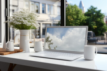 laptop mockup set in an elegant office environment. Nestled on a sleek desk, the laptop commands attention as the centerpiece of a sophisticated and high-end workspace.generative AI