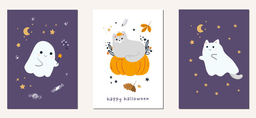 Set of cute ghosts and cats with pumpkins. Happy Halloween. Childish scary and smiling creepy characters.