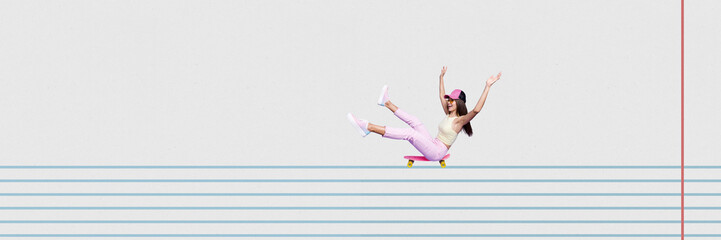 Photo collage minimal picture of carefree funky lady riding penny board striped book lines isolated...