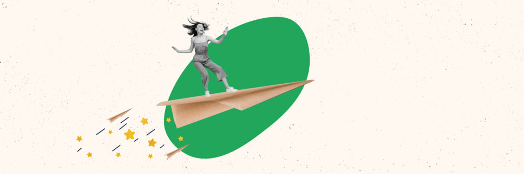 Collage artwork graphics picture of carefree lady flying paper plane isolated painting background