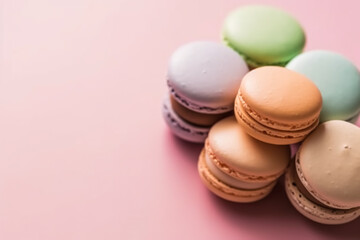 Obraz premium Macaroons on cream pastel background, chic cafe dessert, sweet food and holiday cake macaron for luxury confectionery, generative ai