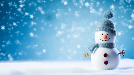 Fototapeta premium Funny snowman on Christmas holiday winter background, Merry Christmas and Happy Holidays wishes, generative ai