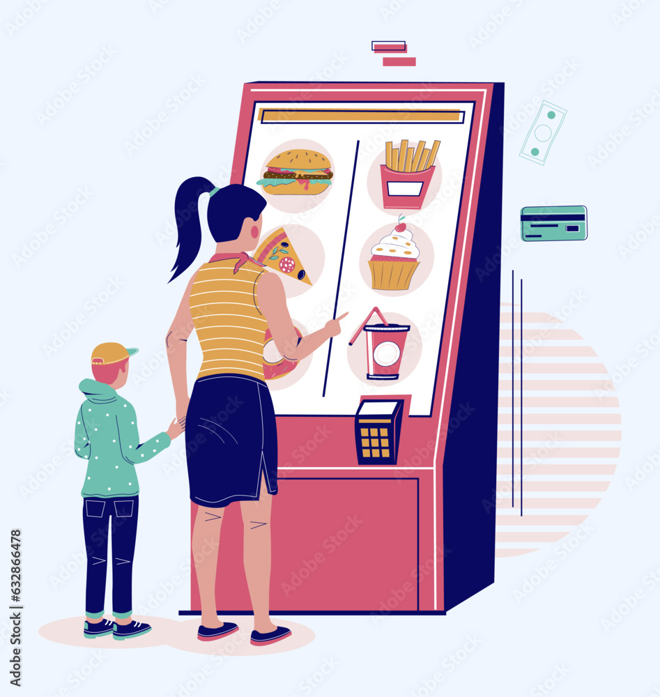 Poster mother and child ordering food using interactive food pos terminal
