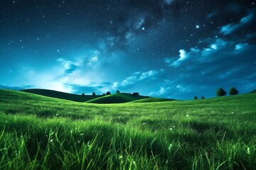 Green meadow and tree on hills at stars night sky background Created with Generative AI technology.