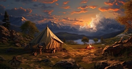 Mountain Sunset Camping Adventure: Tent Set Up in Majestic Scenery, Generative AI