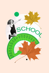 Vertical collage picture of excited black white colors mini girl jumping point finger big fallen...