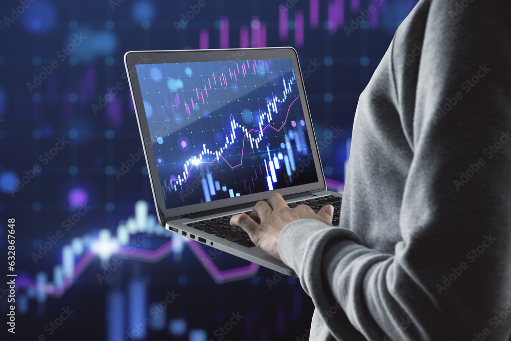 Poster close up of hacker hands using laptop with glowing growing forex chart on blurry background. trade, 