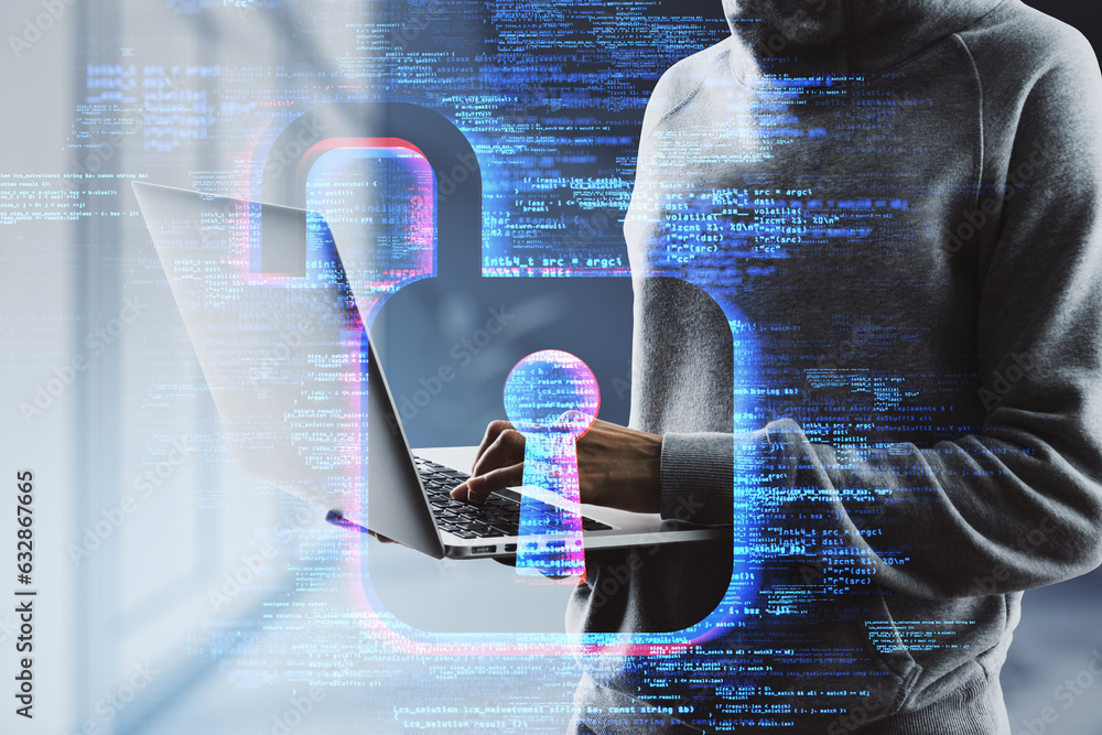 Poster hacker hands using laptop with creative digital safety hologram on blurry office interior background