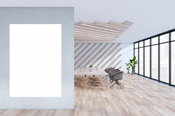 Obraz na płótnie Canvas Modern wooden and concrete stylish meeting room interior with empty white mock up frame, window and city view, furniture and various other objects. 3D Rendering.