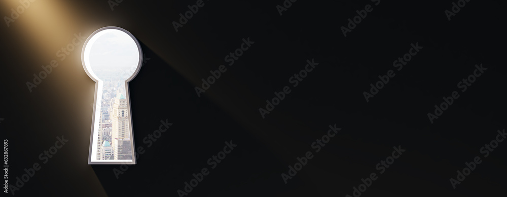 Poster white keyhole opening with city view in wide black concrete wall with mock up place. future, way and