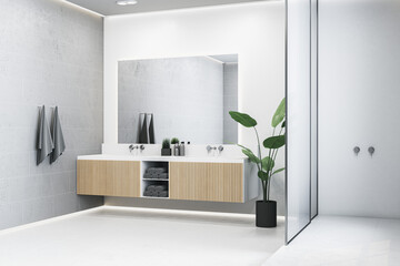New wooden and concrete bathroom interior with mirror, counter and sink. Hotel and home concept. 3D Rendering.
