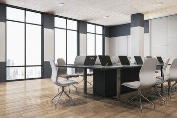 Luxury wooden and concrete boarding room interior with panoramic window and city view, furniture and equipment. 3D Rendering.