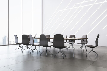 Contemporary white conference room interior with window and city view, furniture, equipment and decorative lines on wall. 3D Rendering.