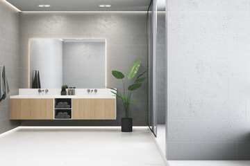 Modern wooden and concrete bathroom interior with blank mock up place on wall, mirror, counter and sink. Hotel and home concept. 3D Rendering.