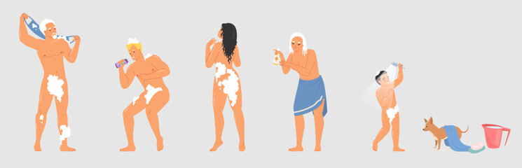 Set of different people character and pet taking shower