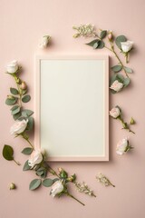  Simple beauty of small roses on a calming pastel beige background makes top vertical view flat lay an ideal backdrop for advertising or branding, with, Generative AI
