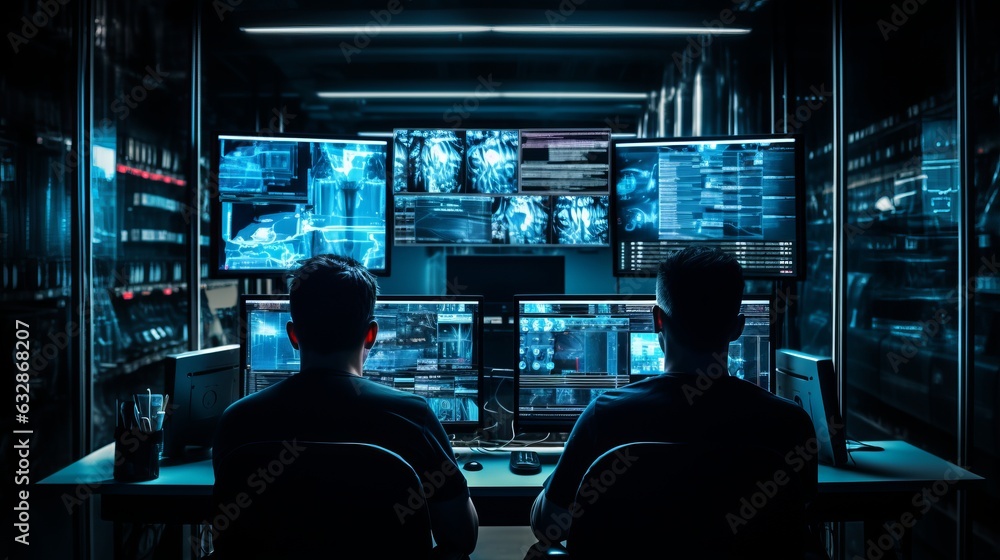 Poster two men engrossed in technology: dark room with computer screens, generative ai