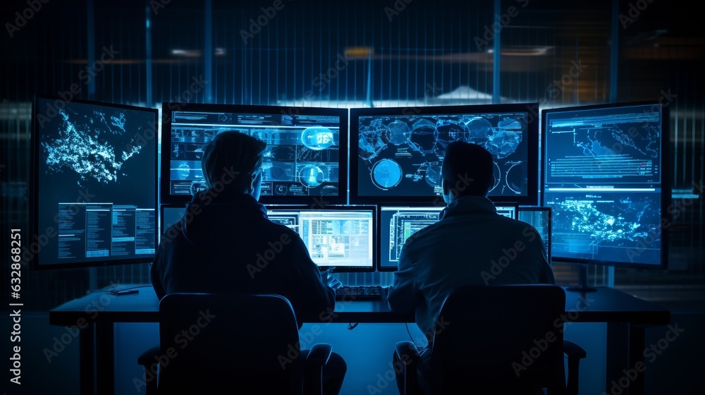 Poster two men engrossed in technology: dark room with computer screens, generative ai