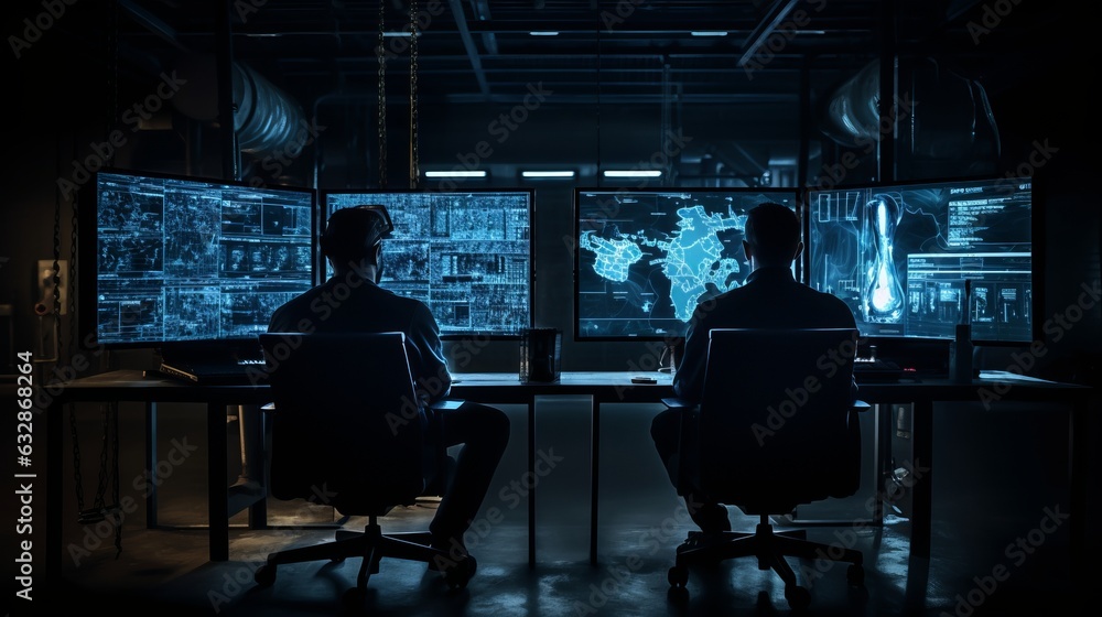 Poster two men engrossed in technology: dark room with computer screens, generative ai