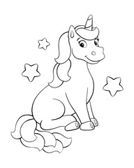 Coloring book page for kids. Cute unicorn. Cartoon style character. Vector illustration isolated on white background.