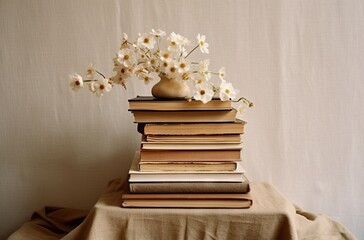 Fototapeta na wymiar Pile of old books with white flowers in vase on wooden table