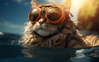 Cat wearing sunglasses and swimming at the swimming pool.