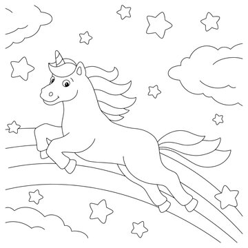 A unicorn flying across the sky. Coloring book page for kids. Cartoon style character. Vector illustration isolated on white background.