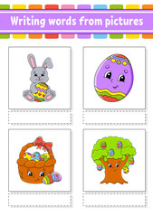 Writing words from pictures. Learn English words. Education developing worksheet. Color activity page. cartoon character. Vector illustration.