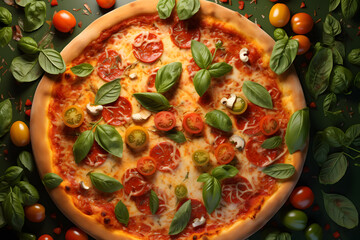 Pizza with mozzarella cheese, basil and tomatoes photo