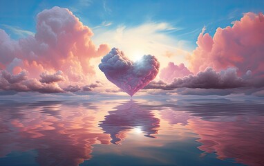 Love heart shaped cloud on the sea with reflection.