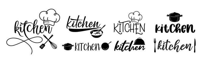Kitchen. Vector logo set. Design for poster, flyer, banner, menu cafe. Hand drawn calligraphy quote text. Typography kitchen logo icons. Signboard kitchen word.