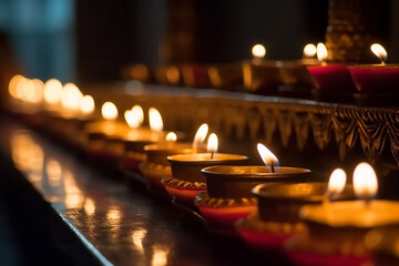 A row of lit candles in a Hindu temple, Religion, bokeh 