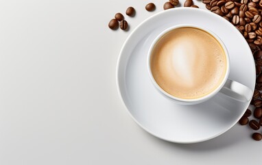 Obraz premium Top view cup of coffee with beans.