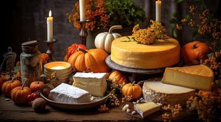 still life with cheese, pumpkins and flowers on a wooden table