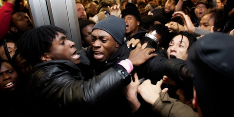 African American boy trying to get past a store to take advantage of the Black Friday sales