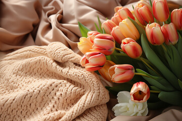 Knitted sweater and fresh tulips create a stylish flat lay view Generative AI