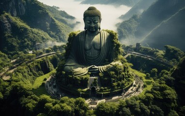 The huge statue of Buddha on the mountain. 