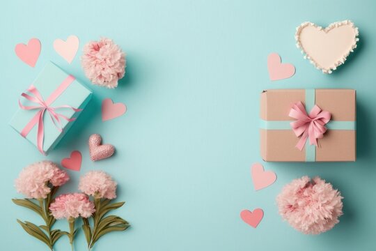 Mother's Day floral concept. Top view flat lay photo of beautiful present boxes with pink ribbons, carnation flowers, and pink paper hearts on pastel blue background with empty, Generative AI
