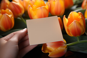 Overhead shot Blank paper card amidst orange and yellow tulips Generative AI