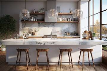 Interior of modern kitchen with gray walls, concrete floor, white marble countertops and bar with stools