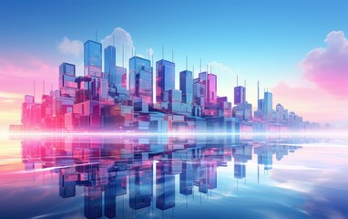 A pink and blue futuristic modern technology city skyline with buildings.