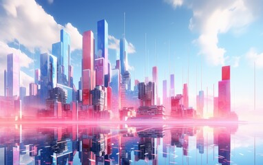 A pink and blue futuristic modern technology city skyline with buildings.