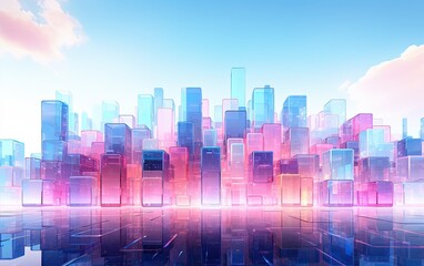 A pink and blue futuristic modern technology city skyline with buildings.