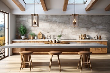 Fototapeta na wymiar Interior of modern kitchen with gray walls, concrete floor, white marble countertops and bar with stools