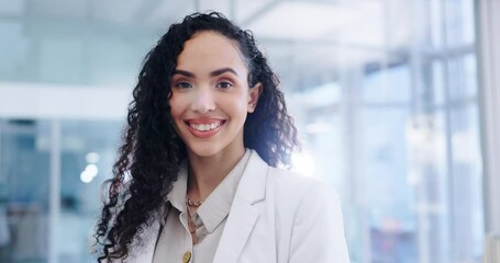 Happy, face and business woman in office, corporate workplace or excited accountant with confidence and pride in audit. Employee, portrait and professional financial advisor in Barcelona startup