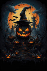 Halloween background with pumpkins, witch hat, bats and castle. created by generative AI technology.