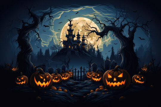 Halloween Background With Haunted House And Pumpkins And Moon. Vector Illustration Style. Created By Generative AI Technology.