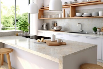 Interior of modern kitchen with gray walls, concrete floor, white marble countertops and bar with stools