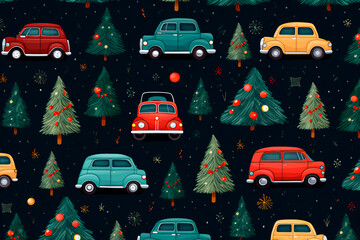 New Year Christmas pattern of toy cars and Christmas trees Background wallpaper AI generated
